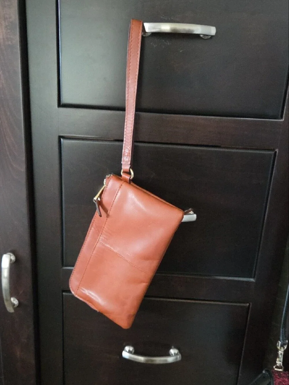 Lodis Glace Polished Leather Sling Wristlet Wallet In Chestnut